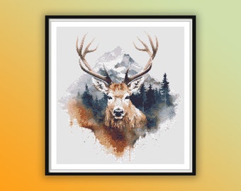 Watercolor Woodland Deer Counted Cross Stitch PDF Pattern, Reindeer, Forest Animals, Hand Embroidery, Modern Cross Stitch Chart
