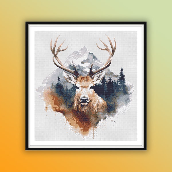 Watercolor Woodland Deer Counted Cross Stitch PDF Pattern, Reindeer, Forest Animals, Hand Embroidery, Modern Cross Stitch Chart