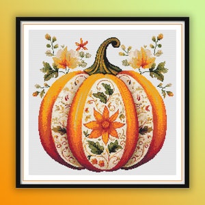Retro Farmhouse Watercolor Pumpkin Cross Stitch Pattern - Thanksgiving Fall Embroidery PDF Chart