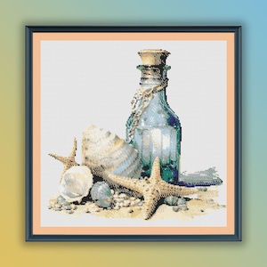 Watercolor Sea Treasures Counted Cross Stitch PDF Pattern, Sea Bottle, Nautical, Marine, Sea Stars and Shells, Hand Embroidery