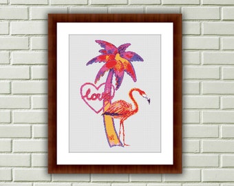 Aquarelle Palm Tree et Flamingo Compté Cross Stitch PDF Pattern, Summer Sunset Cross Stitch Pattern, Sunset and Palm Trees Pattern