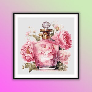 Patrón de punto de cruz contado en PDF de frasco de perfume con flores vintage en acuarela, peonías florecientes, bordado a mano, gráfico de punto de cruz moderno