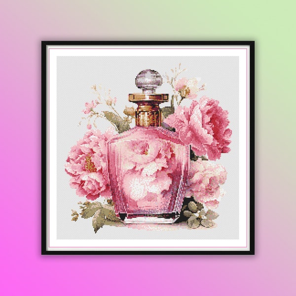 Aquarelle vintage Bouteille de parfum florale compté point de croix modèle PDF, pivoines en fleurs, broderie à la main, tableau de point de croix moderne