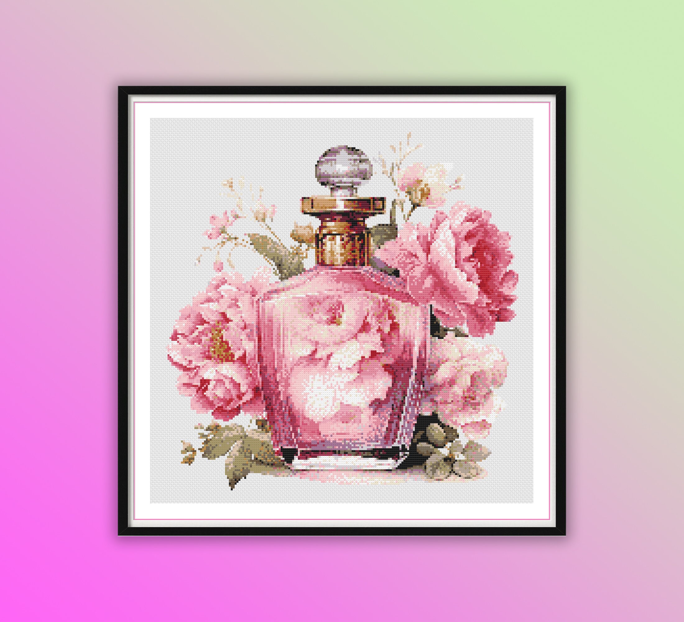 Vintage Floral Perfume Bottle Cross Stitch Pattern: Watercolor Peonies PDF, Modern Embroidery Chart