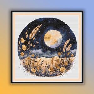 May include: A cross-stitch pattern depicting a full moon in a night sky with stars, surrounded by a field of tall grasses and wildflowers. The moon is a pale yellow colour with a hint of purple.