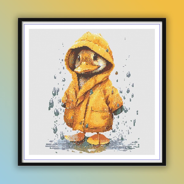 Canard mignon aquarelle dans un imperméable compté modèle PDF de point de croix, animaux mignons, tableau de point de croix moderne, broderie à la main