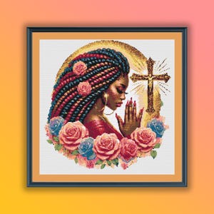 May include: A cross with a golden glow is surrounded by a wreath of pink and blue roses. A woman with long, braided hair in shades of red, blue, and gold is praying with her hands clasped together. The woman is wearing a red dress and has a gold necklace.