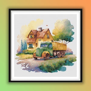 Vintage Farm Landscape Cross Stitch Pattern: Green Truck, Red Barn, Spring Scenery PDF