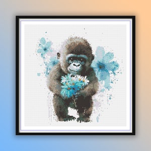 Entzückendes Gorilla Aquarell Kreuzstich Muster - Dschungeltier PDF für Baby Shower Stickerei