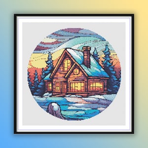 Stained Glass Winter Cabin Cross Stitch Pattern: Snowy Forest Landscape PDF for Christmas Crafting