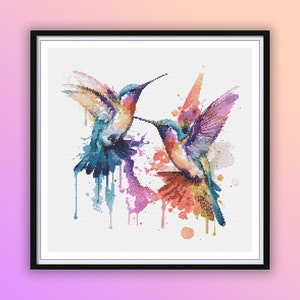 Vibrant Watercolor Hummingbird Embroidery Pattern: Nature-Inspired Cross Stitch Chart (PDF Download)