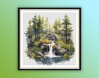 Watercolor Forest Waterfall Counted Cross Stitch PDF Pattern, Rainforest Landscape, Forest Woodland, Modern Cross Stitch, Hand Embroidery