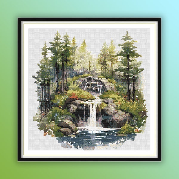 Aquarelle forêt cascade compté Cross Stitch PDF Pattern, paysage de forêt tropicale, forêt boisée, point de croix moderne, broderie à la main