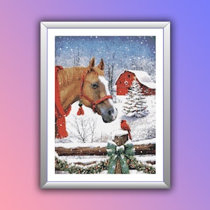 Kardinal und Pferde gezählt Kreuzstichmuster, Weihnachtslandschaft, Winter Tiere Landschaft, Weihnachtsstickerei Karte