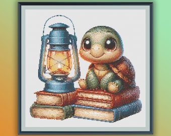 Watercolor Bookworm Baby Turtle Counted Cross Stitch PDF Pattern, Books and Animals, Hand Embroidery, Modern Cross Stitch Chart