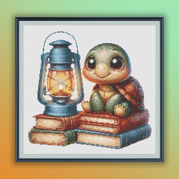 Watercolor Bookworm Baby Turtle Counted Cross Stitch PDF Pattern, Books and Animals, Hand Embroidery, Modern Cross Stitch Chart