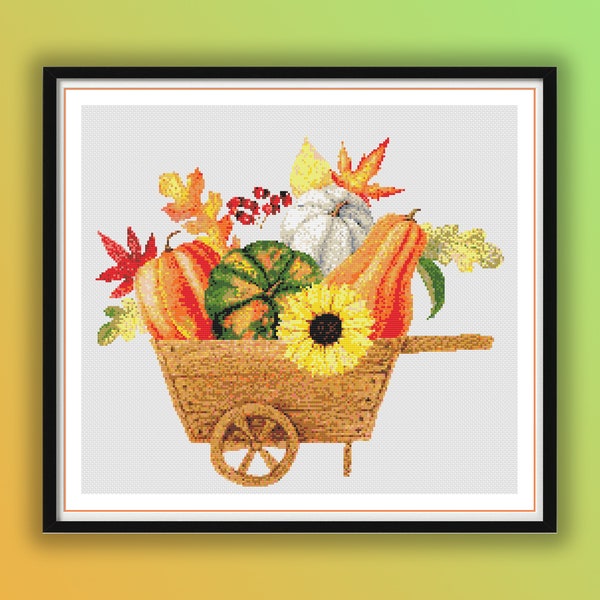 Autumn Composition Counted Cross Stitch PDF Pattern, Thanksgiving Day Pumpkins, Autumn Vegetables, Fall Leaves, Harvest Hand Embroidery