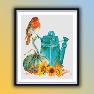 Watercolor Fall Pumpkins and Sunflowers Counted Cross Stitch PDF Pattern, Thanksgiving Pumpkins, Autumn Landscape, Fall Leaves, Embroidery