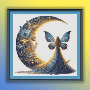 Schema PDF per punto croce contato fata della luna acquerello, paesaggio al chiaro di luna, ricamo a mano, schema moderno per punto croce