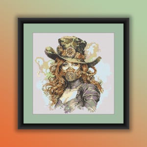 Aquarel steampunk heks getelde kruissteek pdf-patroon, halloweenheks, moderne kruissteekkaart, handborduurwerk