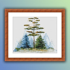Aquarell Nebel Wald und Berge Landschaft Kreuzstich PDF Muster, Regenwald Kreuzstichmuster, moderne Kreuzstichvorlage