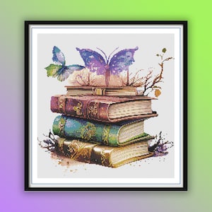 Watercolor Vintage Fairy Books Counted Cross Stitch PDF Pattern, Old Books and Butterfly, Modern Cross Stitch, Hand Embroidery