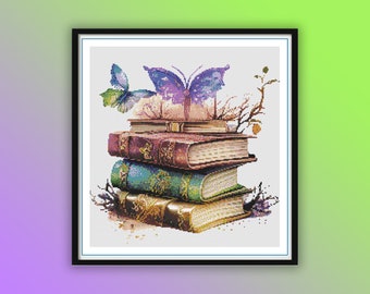 Patrón de punto de cruz "Libros de hadas con mariposas vintage" - Gráfico en PDF de descarga instantánea con colores de hilo DMC