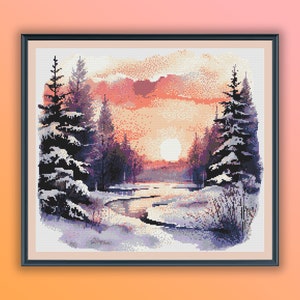 Snowy Forest Sunset Embroidery Pattern: Winter Landscape Cross Stitch Design (PDF Download)