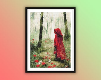 Watercolor Little Red Riding Hood at Forest Counted Cross Stitch PDF Pattern, Fairytale Cross Stitch, Hand Embroidery