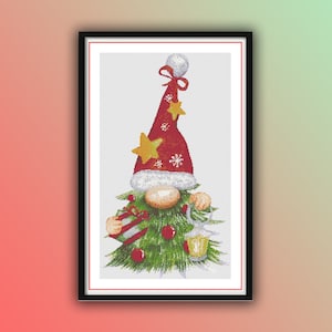 Festive Santa Gnome Christmas Tree Cross Stitch Pattern - Instant PDF Download for Holiday Embroidery