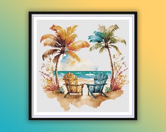 Patrón de punto de cruz de acuarela de sillas retro junto a la playa: Paisaje marino tropical de verano (PDF)