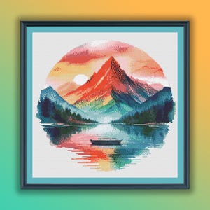 Aquarell See und Berge Wald PDF Kreuzstichmuster, Sonnenuntergang Landschaft, moderne Kreuzstichvorlage, Handstickerei