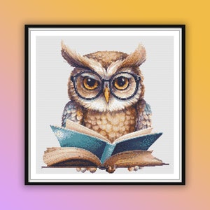 Vintage-Inspired Bookworm Owl Cross Stitch Pattern: Watercolor Design for Hand Embroidery Enthusiasts