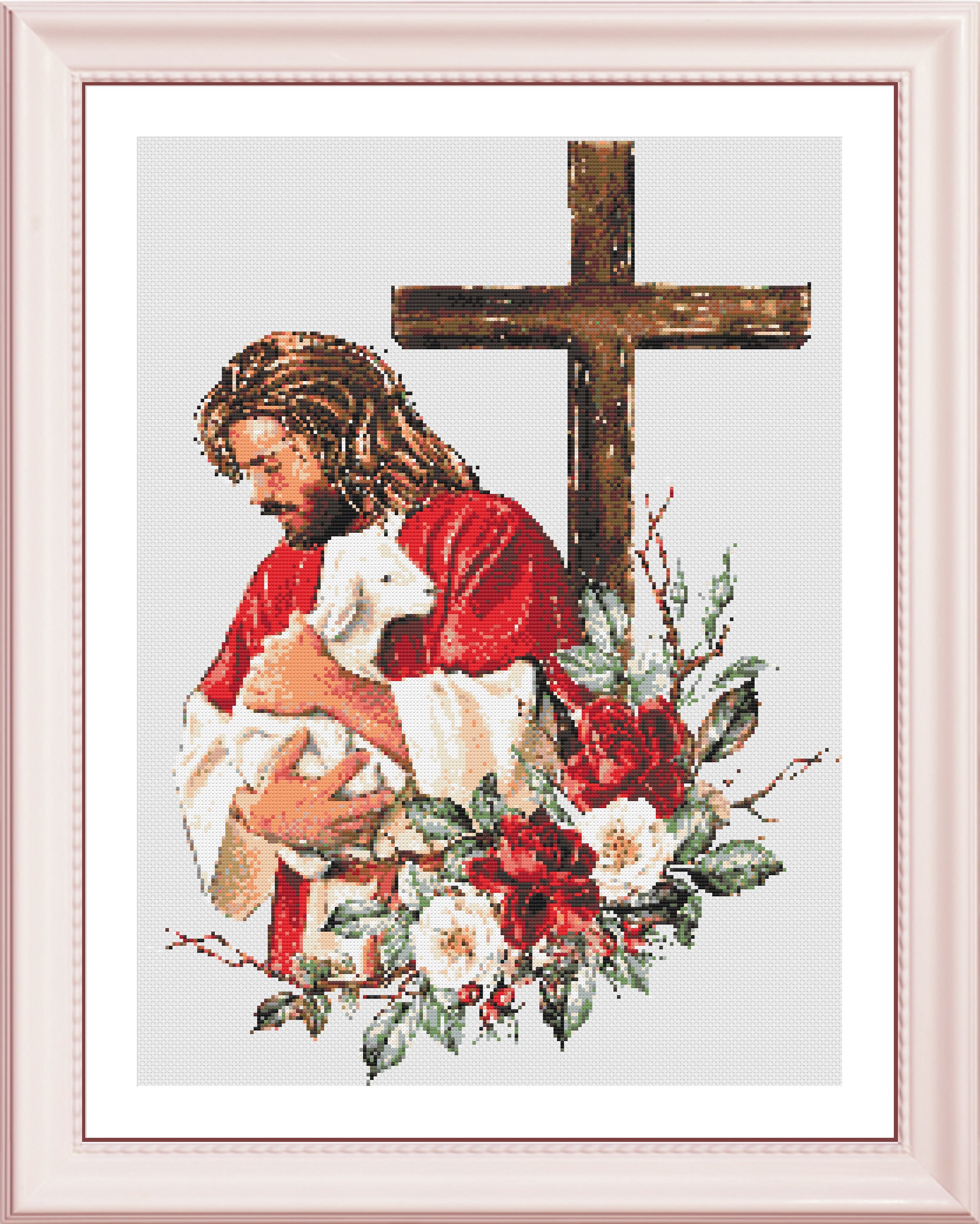 Jesus Christ Religious Needlepoint Cross Stitch Pattern  Vintage Framed  Needlepoint Needlework INRI Religious Cross Crucifix Flowers main image 0