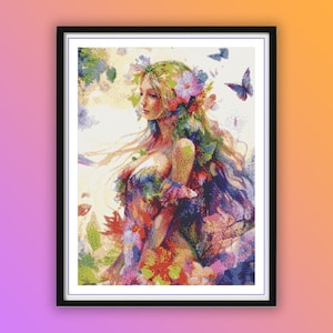 Aquarell Fantasy Fee und Schmetterling Kreuzstich PDF Muster, bunte Blumenfee, modernes Kreuzstich, Handstickerei