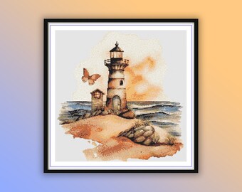 Watercolor Lighthouse Counted Cross Stitch PDF Pattern, Modern Cross Stitch Chart, Seascape, Sea Treasures, Hand Embroidery