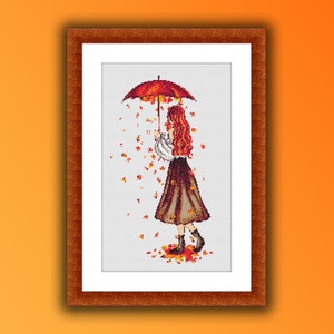Autumn Girl Counted Cross Stitch PDF Pattern, Hello Fall, Autumn Girl and Leaves, Vintage Autumn Landscape Cross Stitch