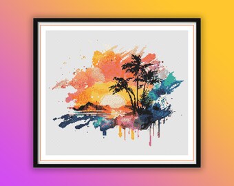 May include: A watercolour painting of a sunset over a tropical island with palm trees. The painting is in shades of orange, yellow, blue, and green.