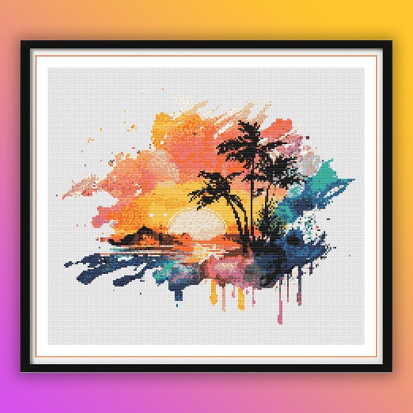 Watercolor Romantic Sunset on The Beach Counted Cross Stitch PDF Pattern, Sea Treasures, Sunset and Palm Trees, Hand Embroidery