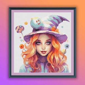 Aquarel Halloween Candy Girl getelde kruissteek pdf-patroon, halloweenheks, moderne kruissteekkaart, handborduurwerk