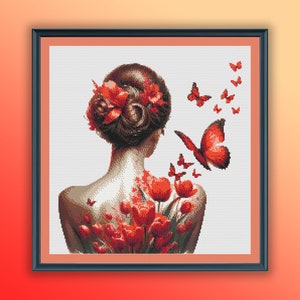 Patrón de punto de cruz contado en PDF de niña con flores y mariposas en acuarela, tulipanes rojos de primavera, gráfico de punto de cruz moderno, bordado a mano