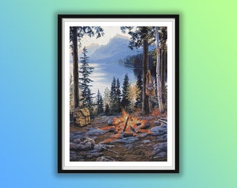 Watercolor Camping at Lakeside Forest Counted Cross Stitch PDF Pattern, Pine Trees, Autumn Forest, Hand Embroidery, Needlepoint
