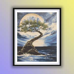 May include: A painting of a lone tree growing out of a rocky island in the ocean. The tree has a twisted trunk and branches, and the leaves are a deep green. The moon is a large, bright circle in the sky, and the water is a deep blue.