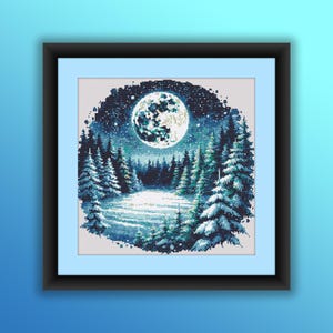 May include: A cross-stitch pattern depicting a snowy woodland scene with a full moon in the sky. The moon is a pale blue colour with a white centre. The trees are a dark green colour with white snow on the branches. The ground is covered in white snow.