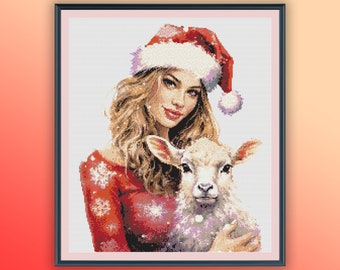Watercolor Christmas Girl With The Lamb Counted Cross Stitch PDF Pattern, Christmas at Farm, Modern Cross Stitch Chart, Hand Embroidery