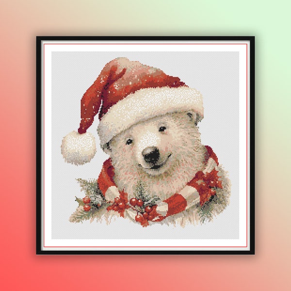 Aquarelle Ours polaire de Noël compté motif PDF au point de croix, animaux de Noël, animaux d’hiver, tableau de point de croix moderne