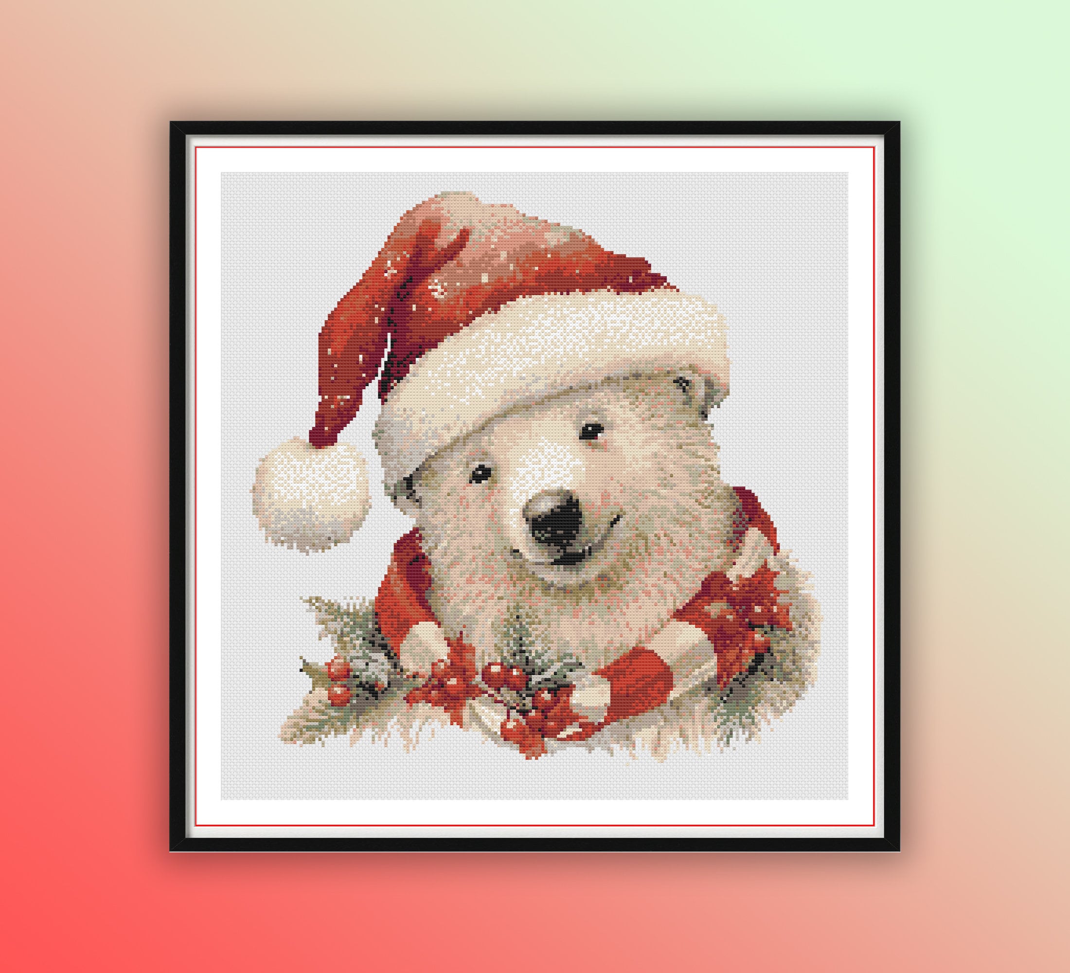 Watercolor Polar Bear Christmas Cross Stitch Pattern - Instant PDF Download for Winter Embroidery