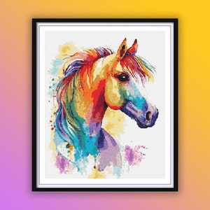 Watercolor Rainbow Horse Counted Cross Stitch PDF Pattern, Farm Animals, Instant Download Hand Embroidery - Modern Cross Stitch Chart