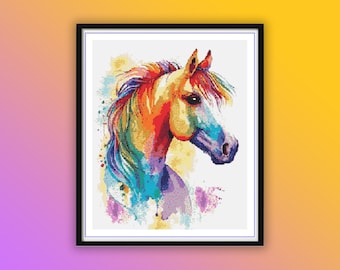 Vibrant Watercolor Rainbow Horse Cross Stitch Pattern: Modern Embroidery PDF for Instant Download