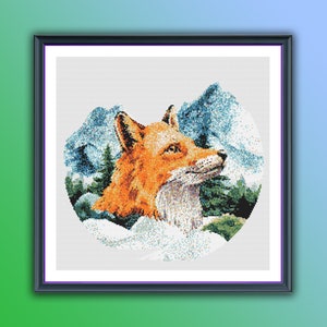 Watercolor Forest Fox Cross Stitch Pattern: Wild Animal Mountain Landscape PDF Download